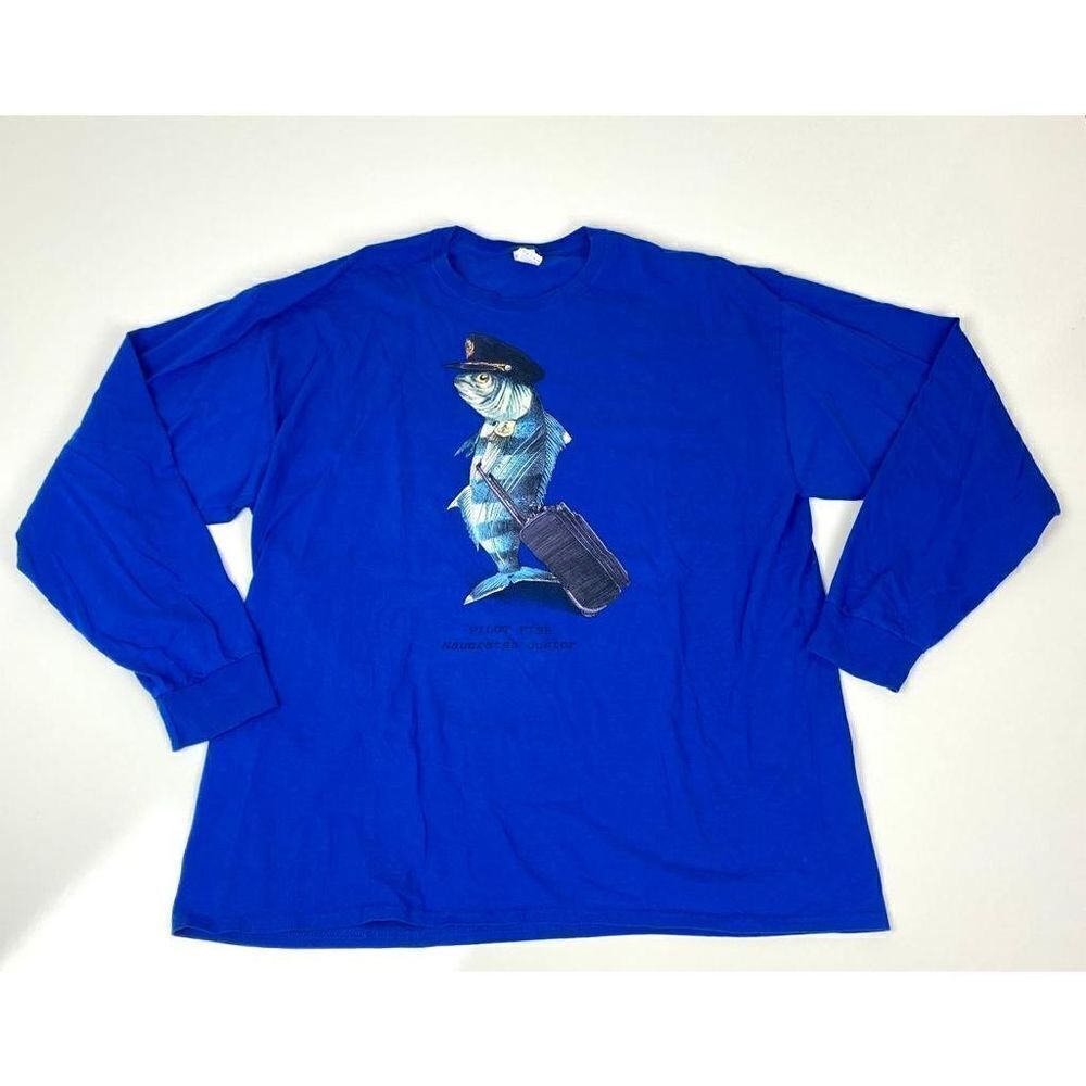 Fruit of the Loom Pilot Fish Long Sleeve Tshirt Mens 2XL Blue Casual D0044